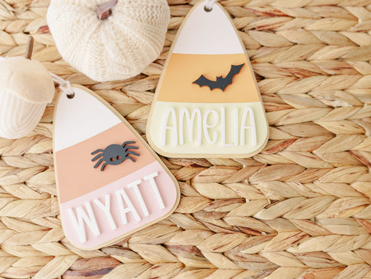 3D acrylic candy corn Boo basket name tag