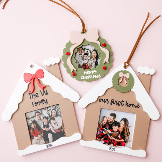 Gingerbread House Family Photo Christmas Ornament | Bow Frame House Ornament