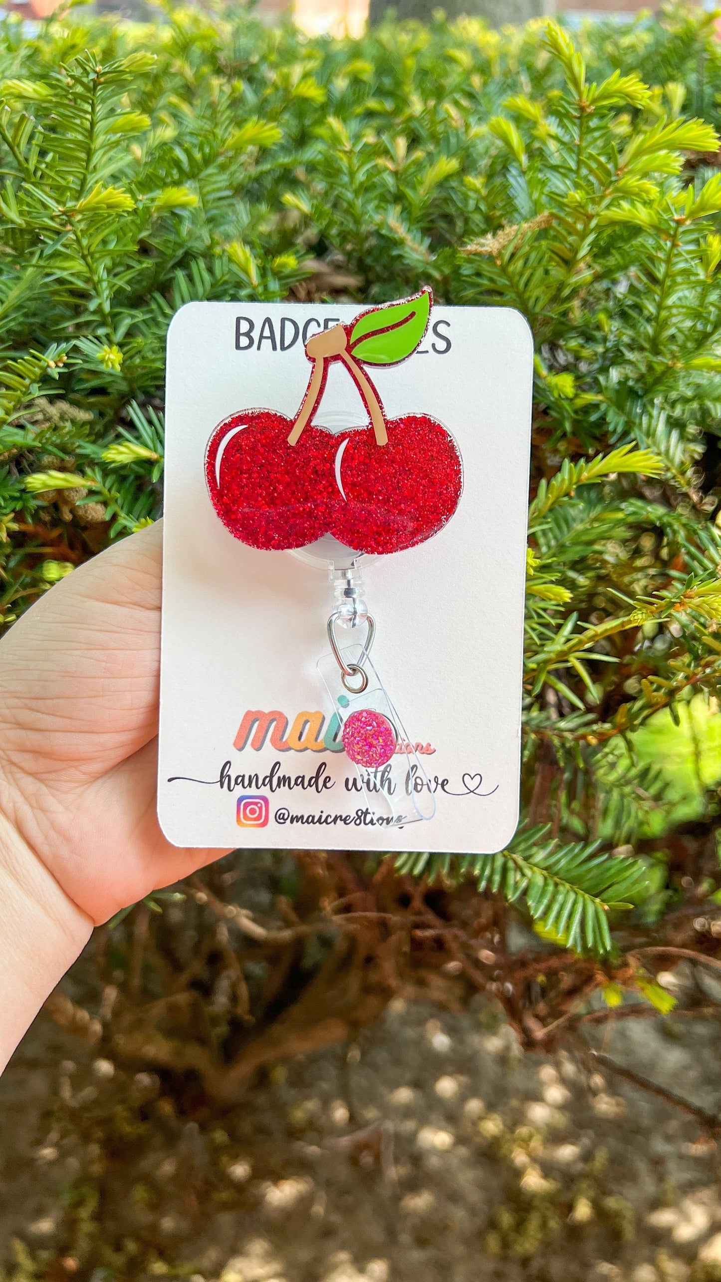 Red glitter cherry badge reels