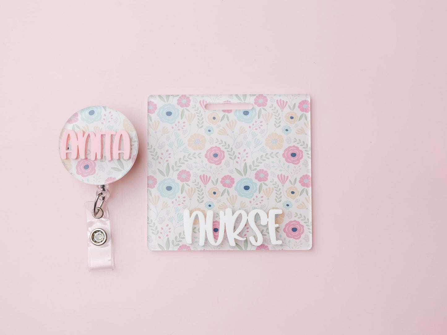 Spring Flower Matching Personalized Badge Buddy and Badge Reels for Nurses