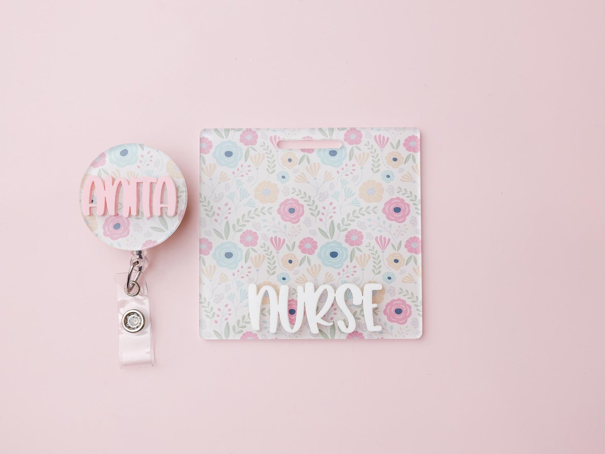 Spring Flower Matching Personalized Badge Buddy and Badge Reels for Nurses
