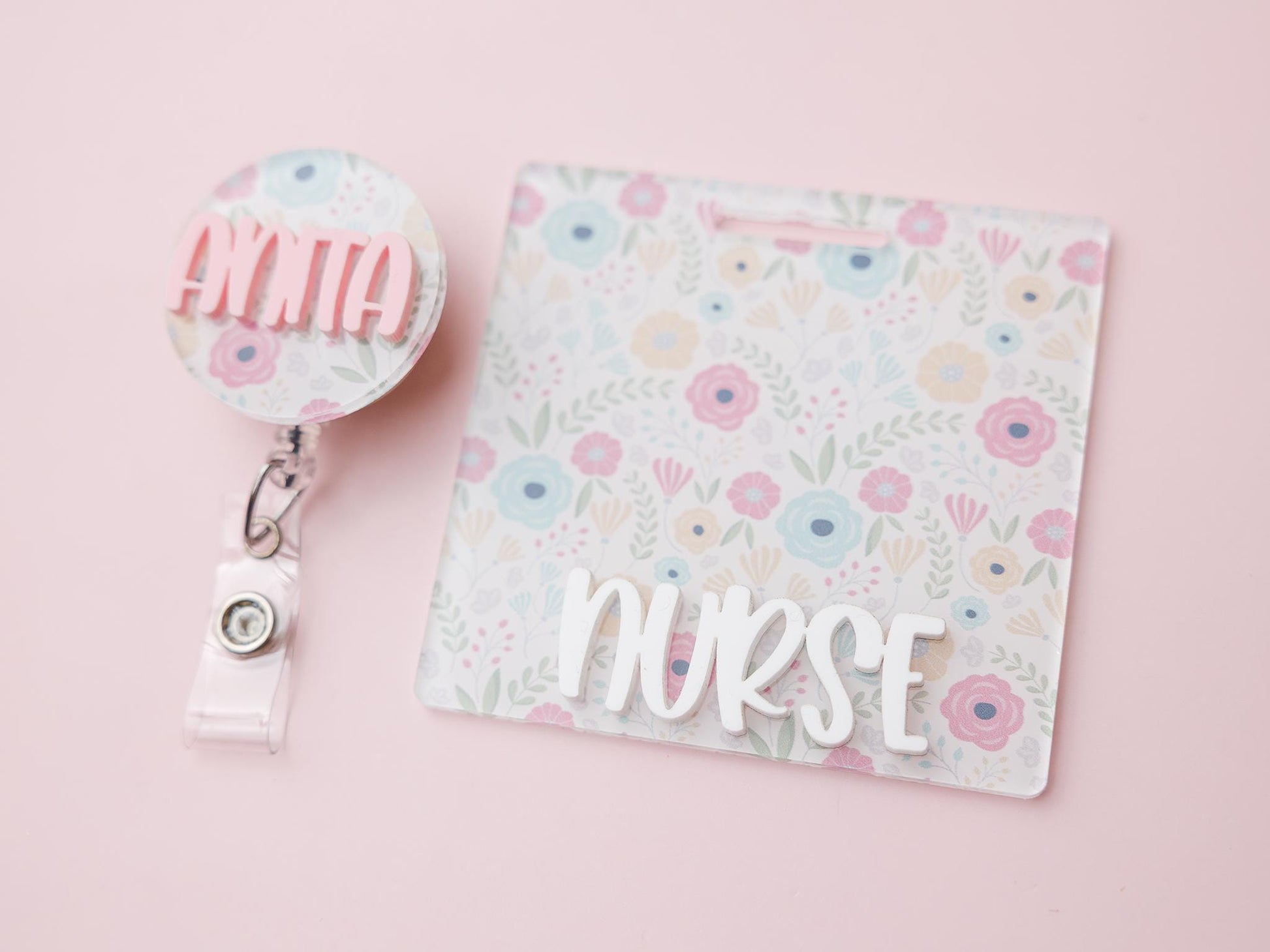 Spring Flower Matching Personalized Badge Buddy and Badge Reels for Nurses