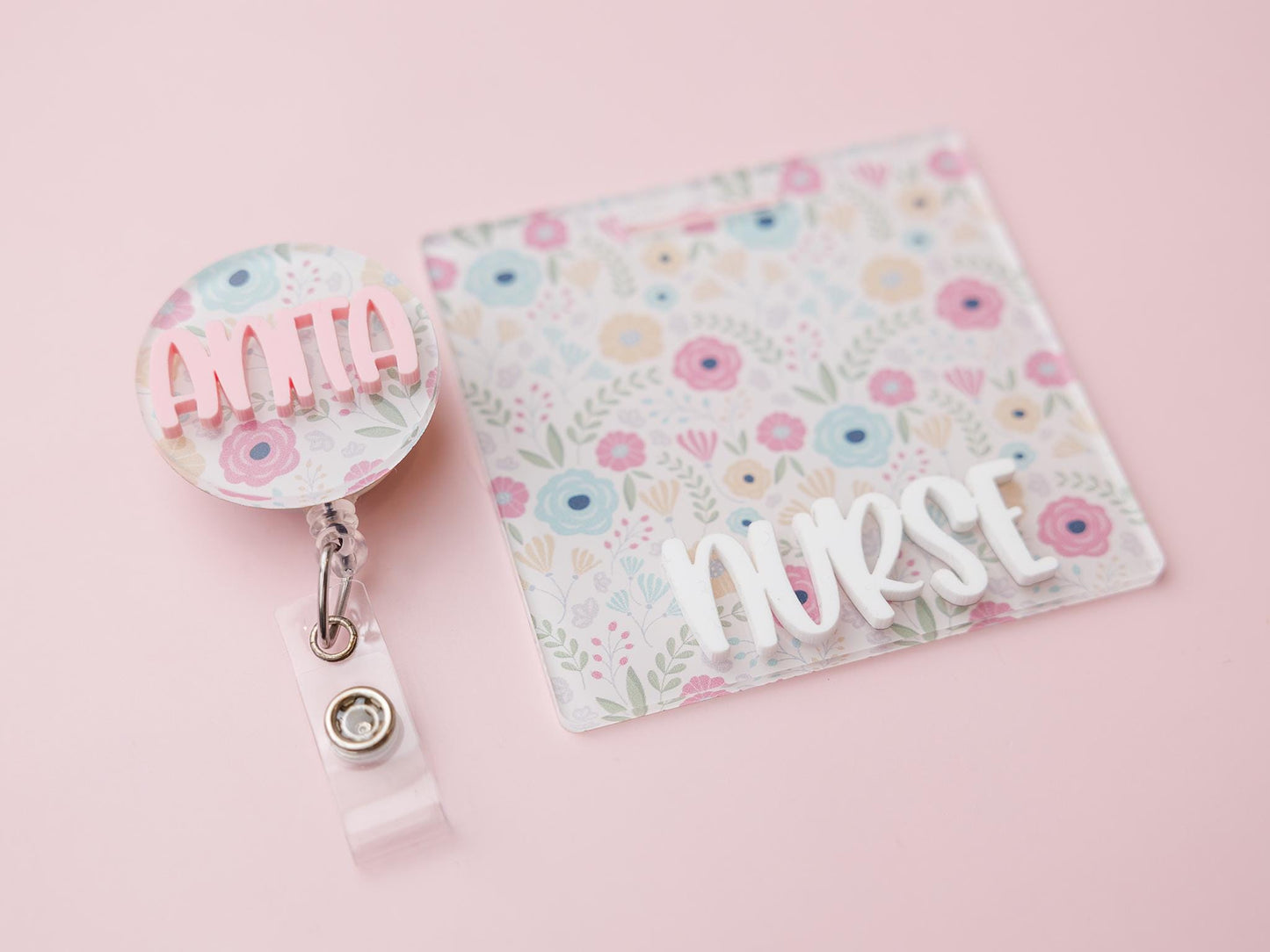 Spring Flower Matching Personalized Badge Buddy and Badge Reels for Nurses
