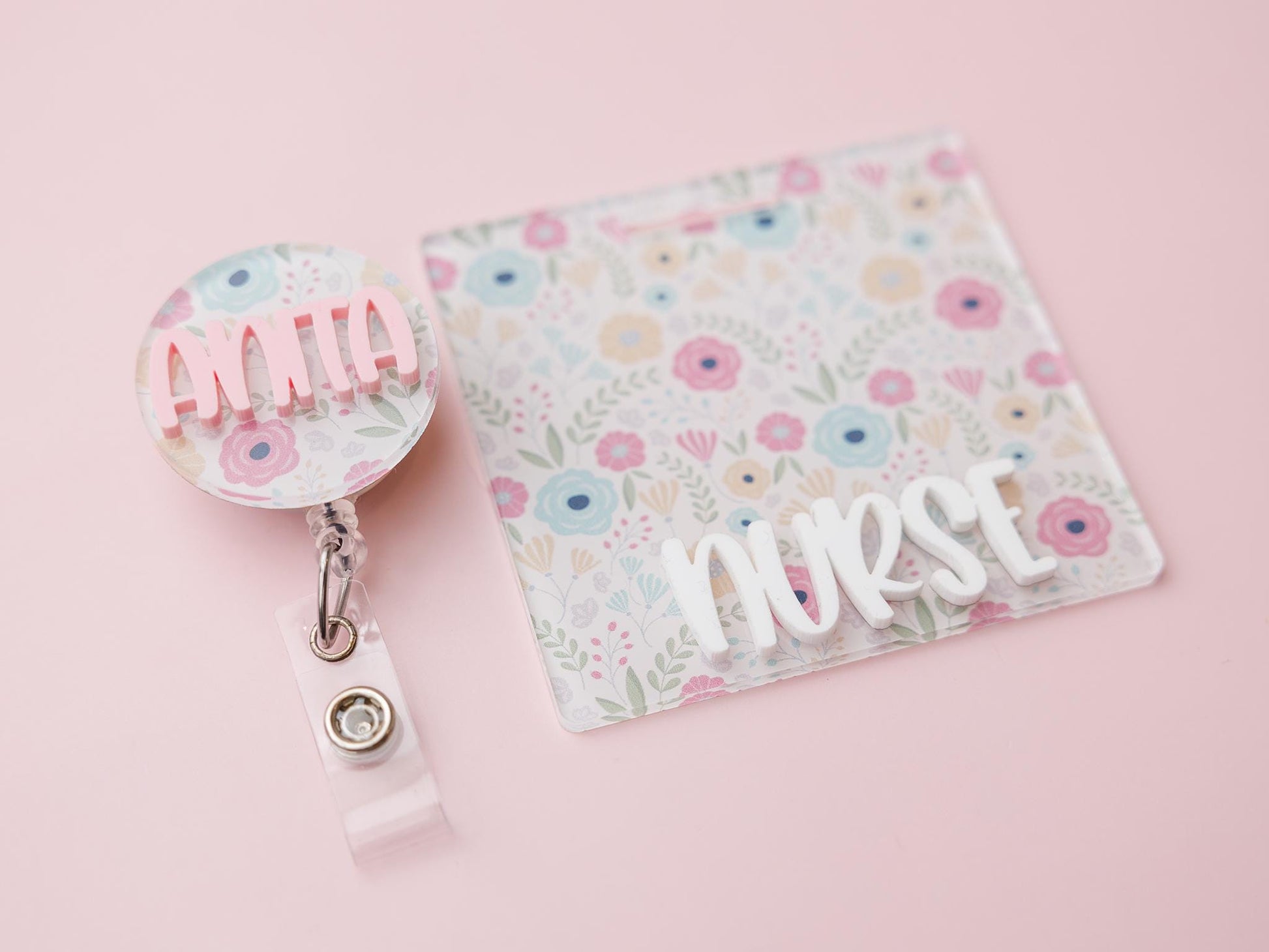 Spring Flower Matching Personalized Badge Buddy and Badge Reels for Nurses
