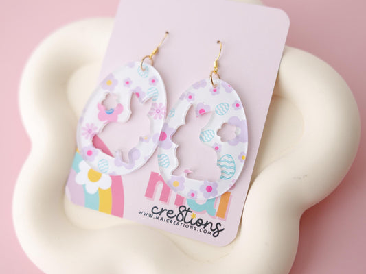 Egg Shape Bunny and Flower Acrylic Earrings