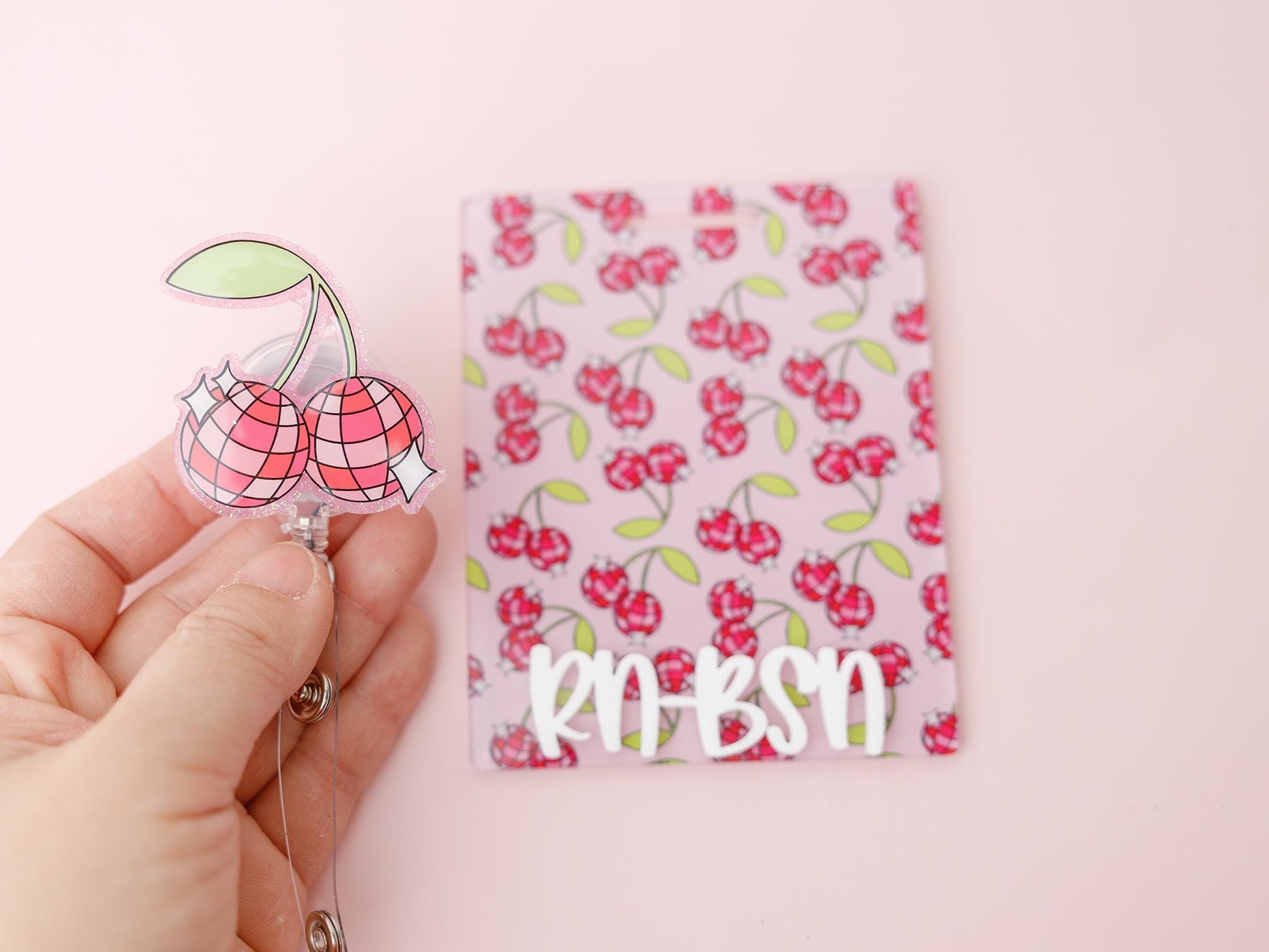 Personalized Disco Cherry Badge Buddy and matching badge reels