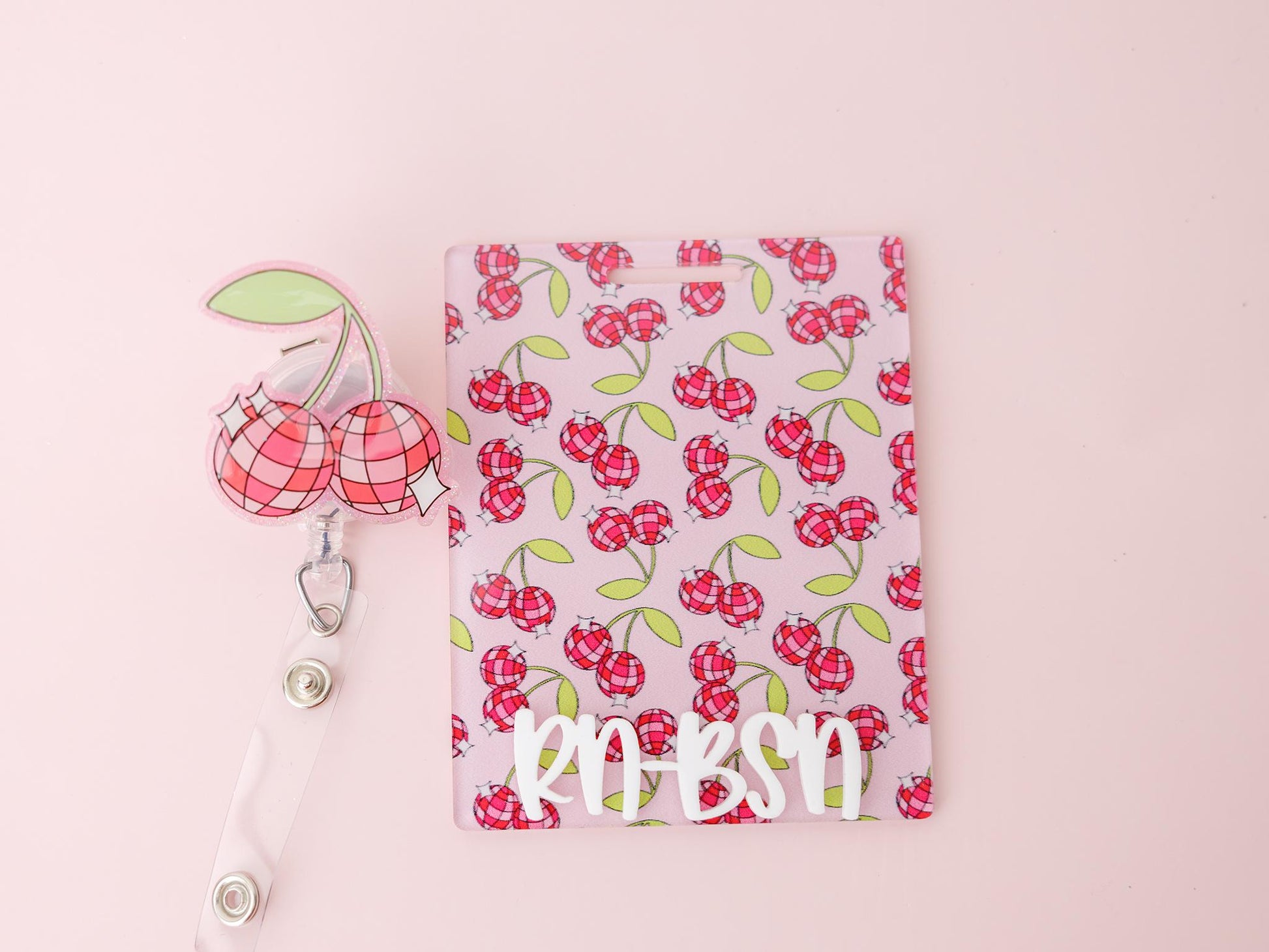Personalized Disco Cherry Badge Buddy and matching badge reels