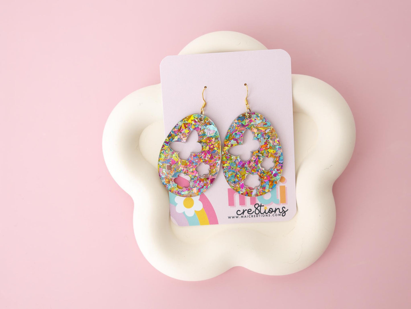 Egg Shape Flower and Butterfly Acrylic Earrings Easter Earrings