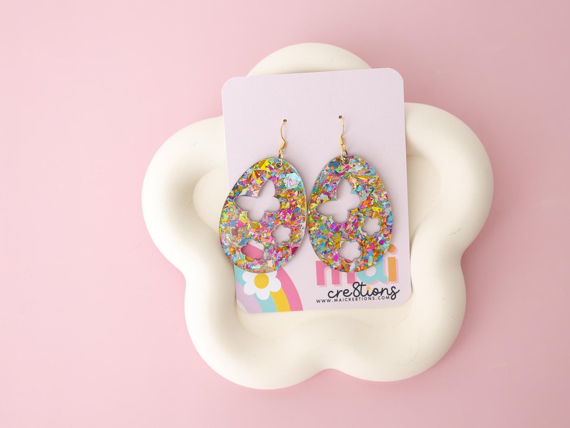 Egg Shape Flower and Butterfly Acrylic Earrings Easter Earrings