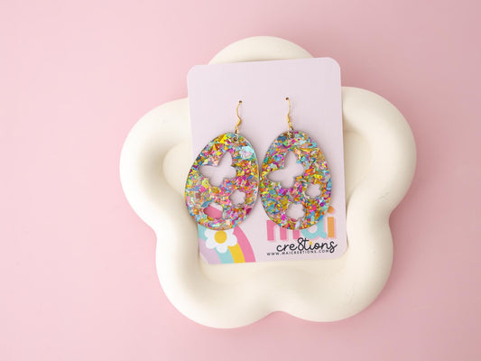Egg Shape Flower and Butterfly Acrylic Earrings Easter Earrings