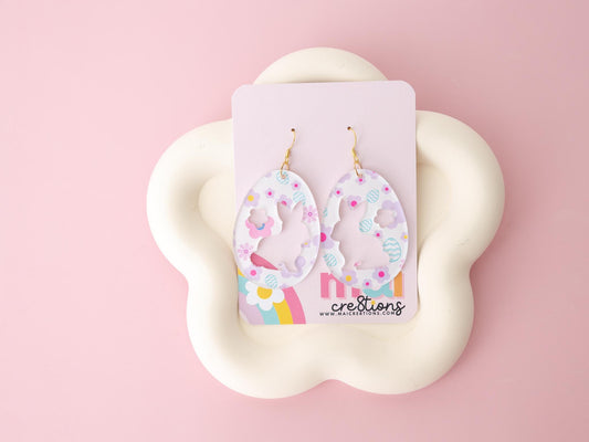 Egg Shape Bunny and Flower Acrylic Earrings