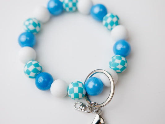 Blue checkered Beaded Wristlet Keychain