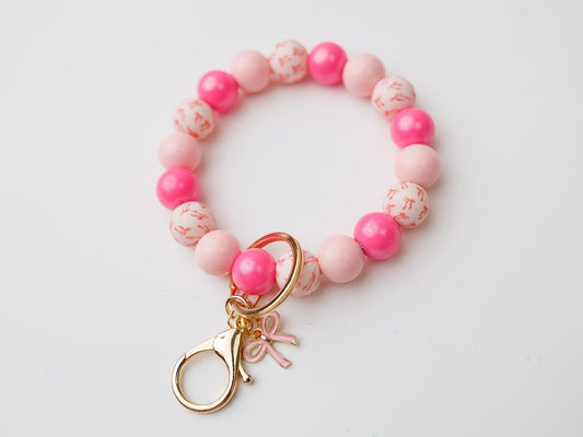 Pink coquette bow Beaded Wristlet Keychain with charm