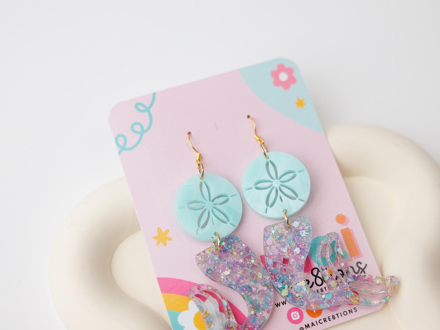 Summer acrylic earrings, Beach vibe Dangle Earrings, Sand dollar mermaid tail Earrings for girls, Trendy Accessories