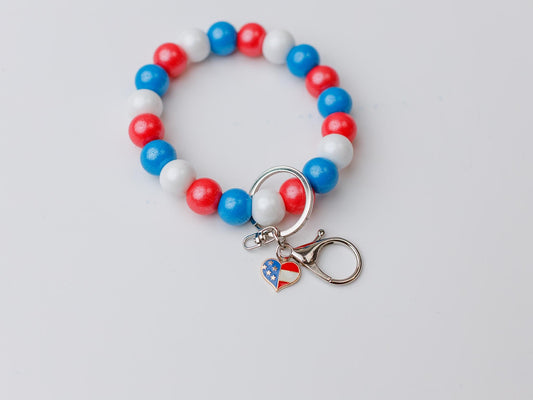 Patriotic Red Blue White Beaded Wristlet Keychain Gift for Her