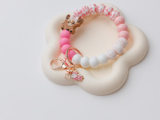 Highland cow Pink Beaded Wristlet Keychain with charm