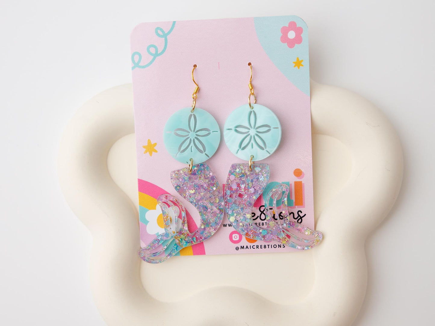 Summer acrylic earrings, Beach vibe Dangle Earrings, Sand dollar mermaid tail Earrings for girls, Trendy Accessories