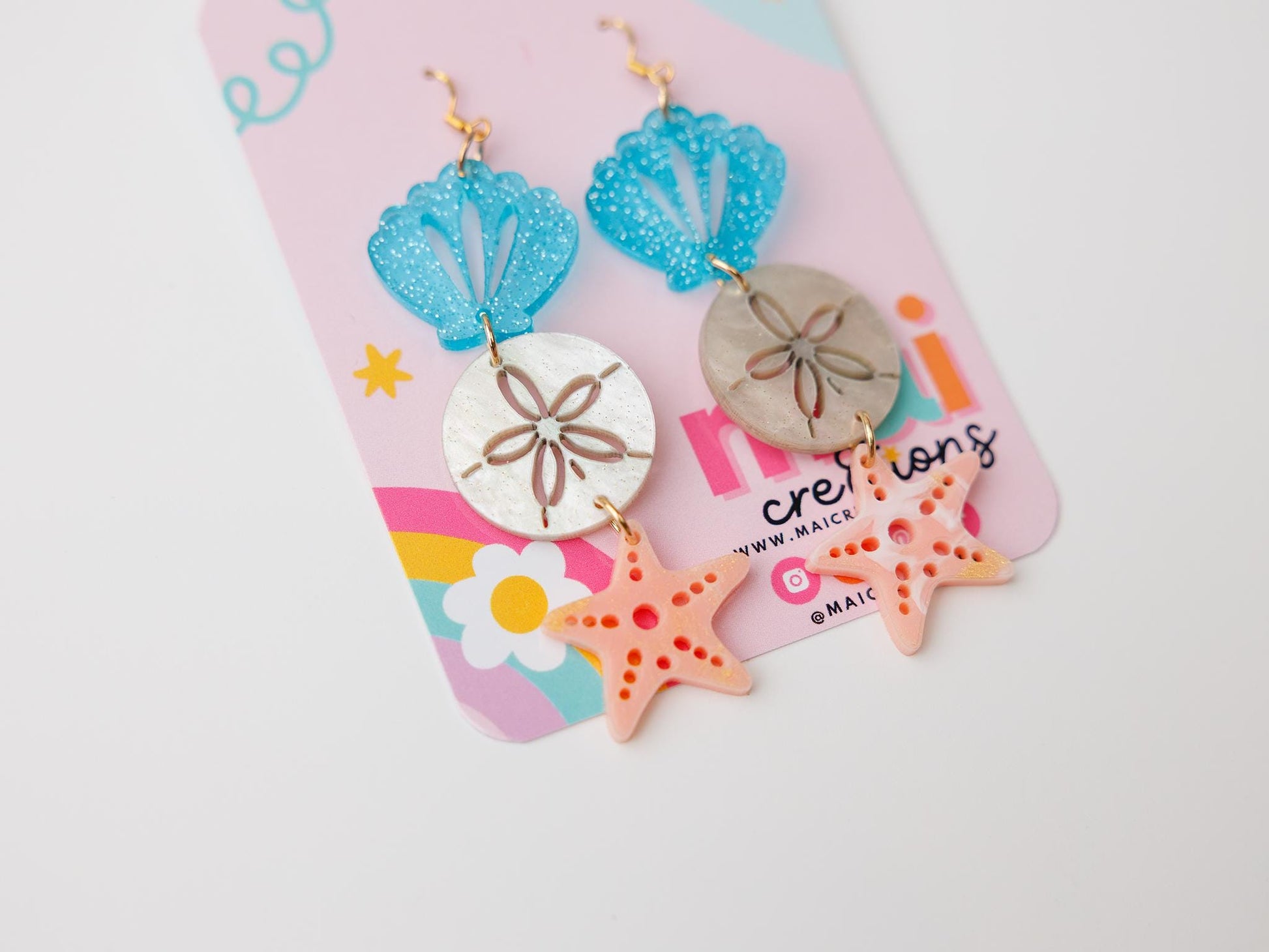 Tiered sand dollar starfish seashell Acrylic Earrings