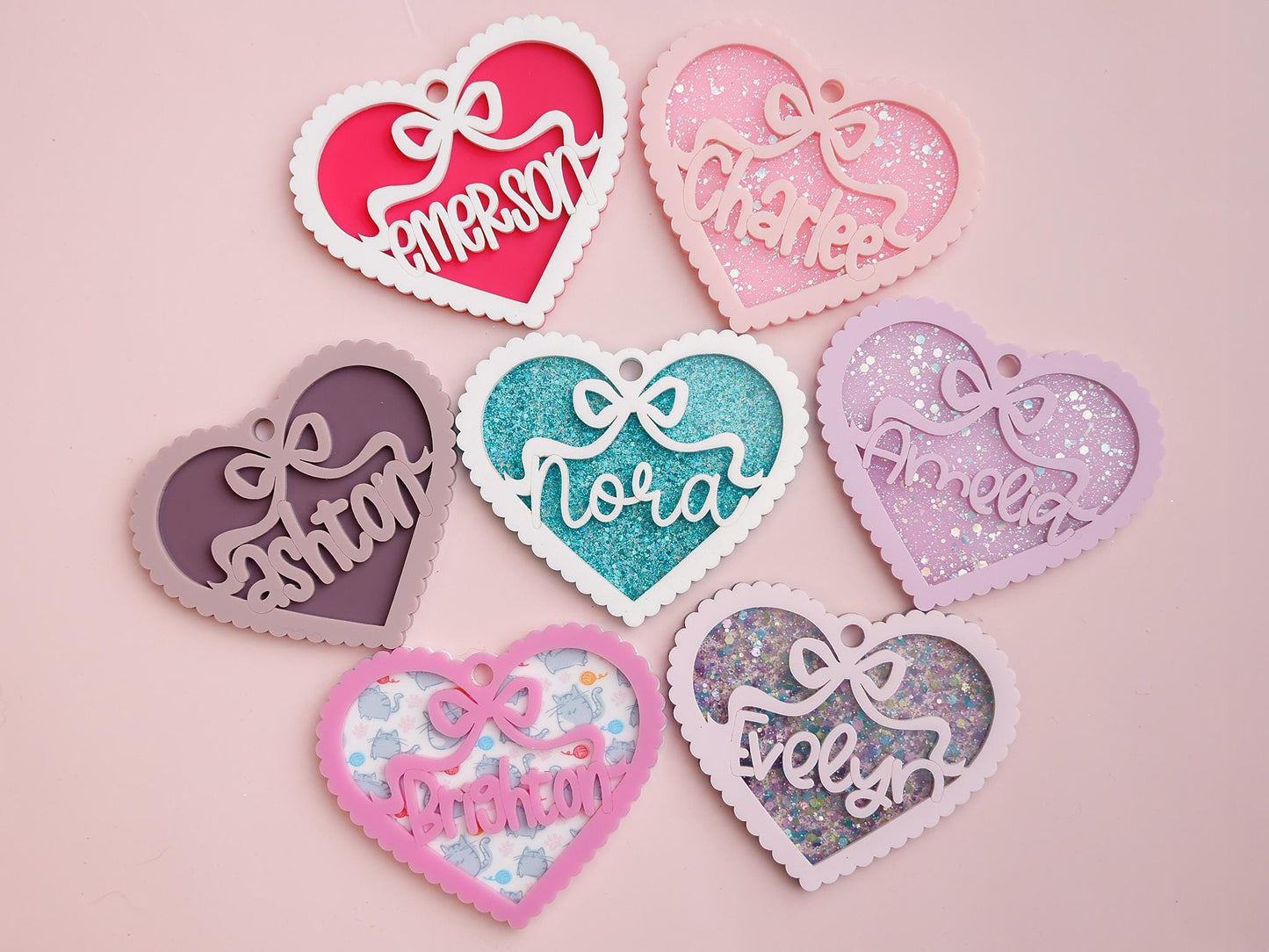 Scallop bow heart backpack name tag