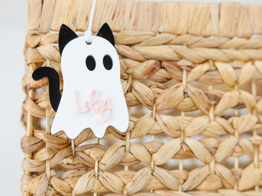 Personalized Ghost Cat Cat Pumpkin Name Tag Halloween 2025