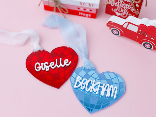 Valentines Day name tag Personalized Disco heart name tag Valentines Day gift for kids Disco heart keychain