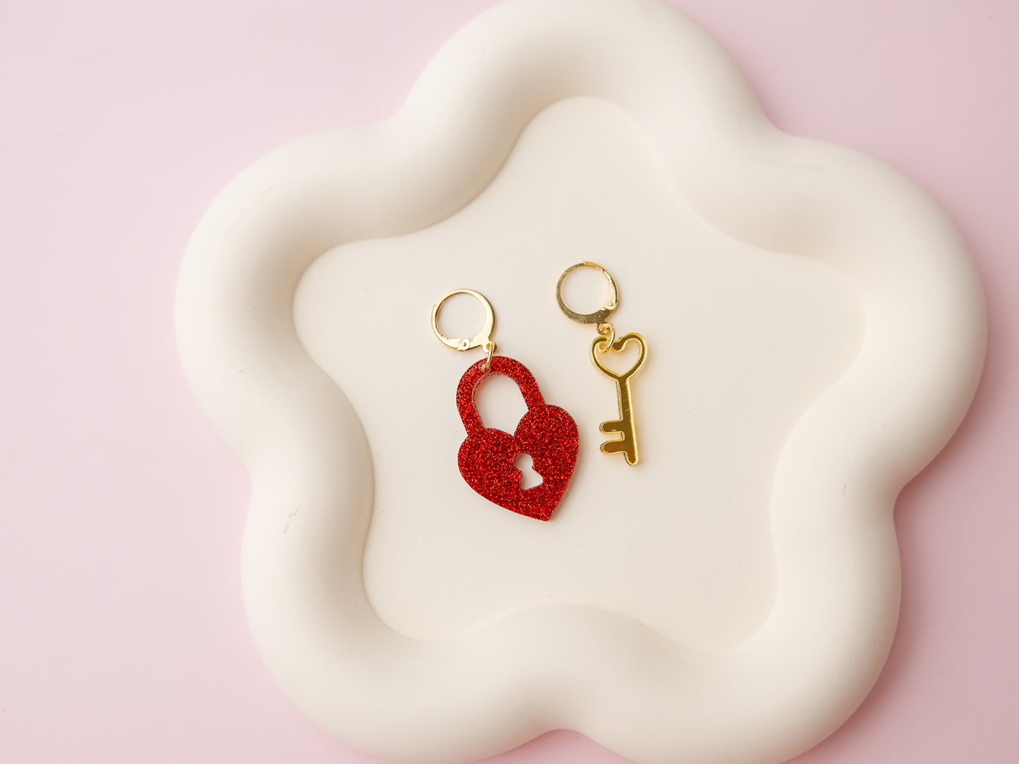 Heart lock and key acrylic earrings