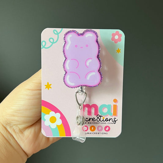 Purple gummy bear badge reels