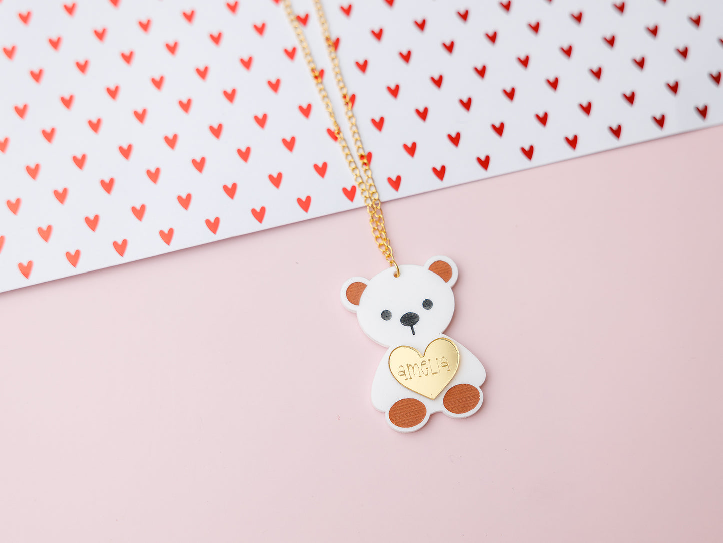 Personalized bear with heart acrylic necklace