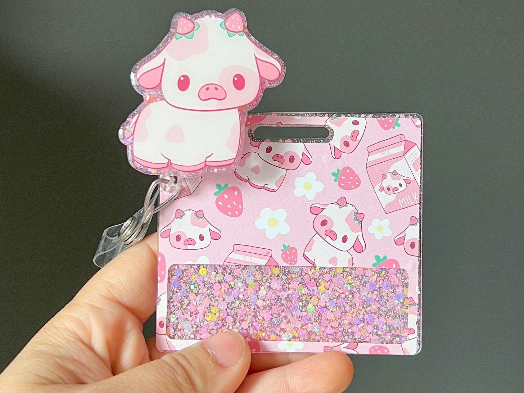 Strawberry cow badge buddy for nurses. Cute matching badge reels and badge buddy
