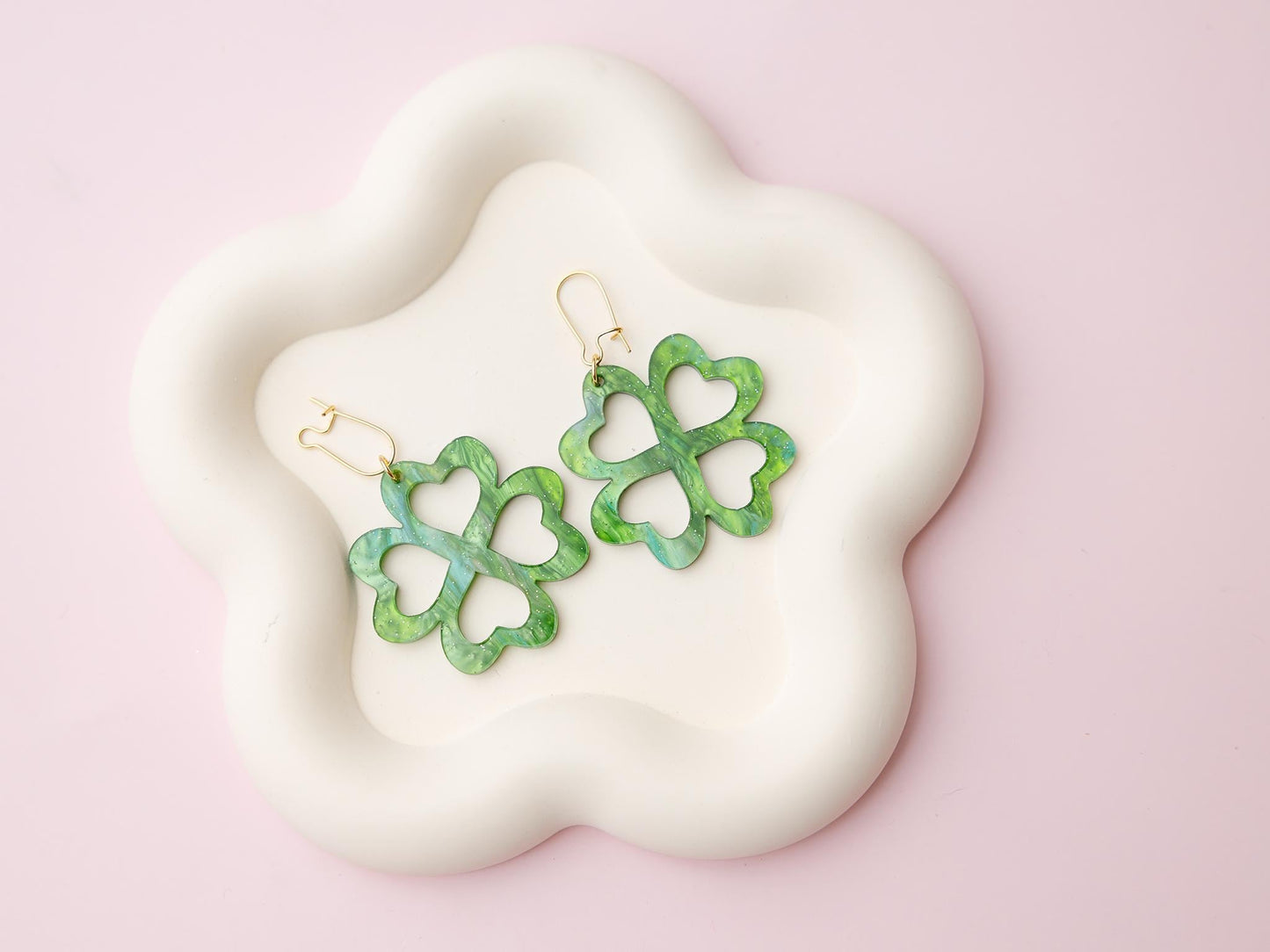 St. Patricks Day Heart Clover Acrylic Earrings