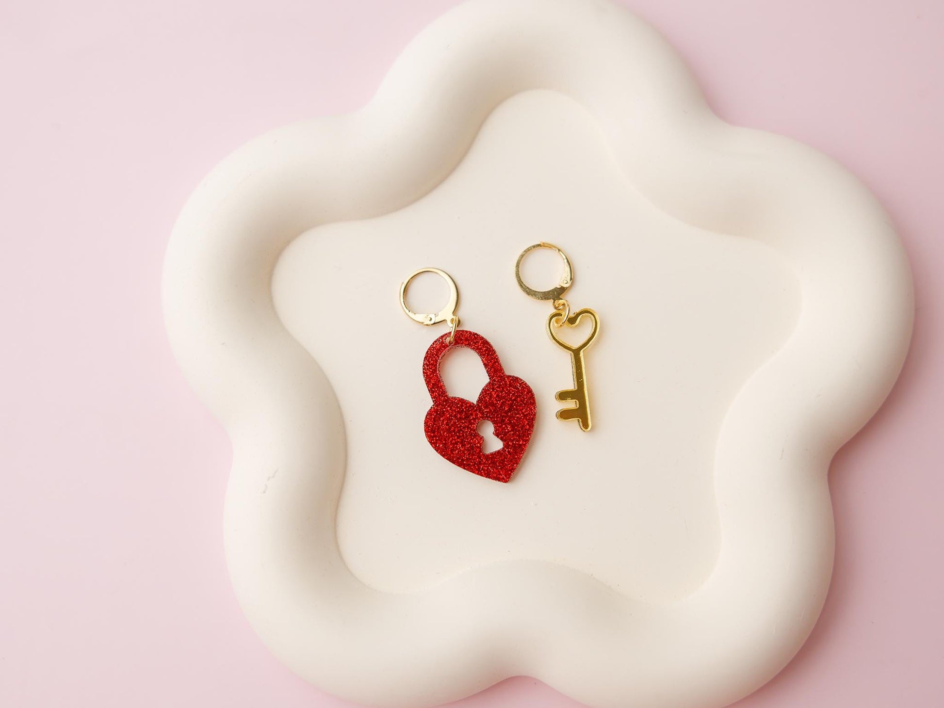 Heart lock and key Valentines Acrylic Earrings