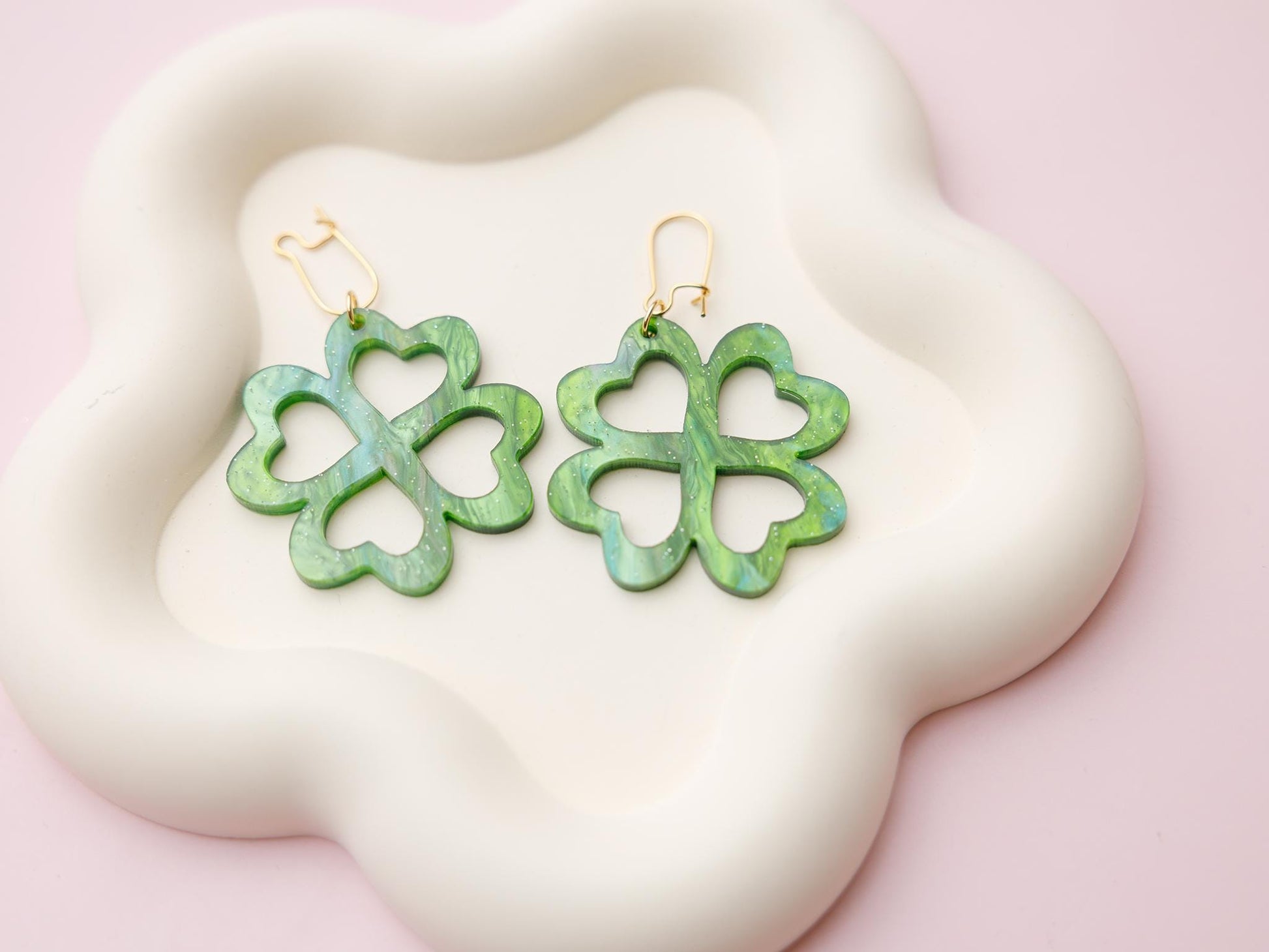 St. Patricks Day Heart Clover Acrylic Earrings