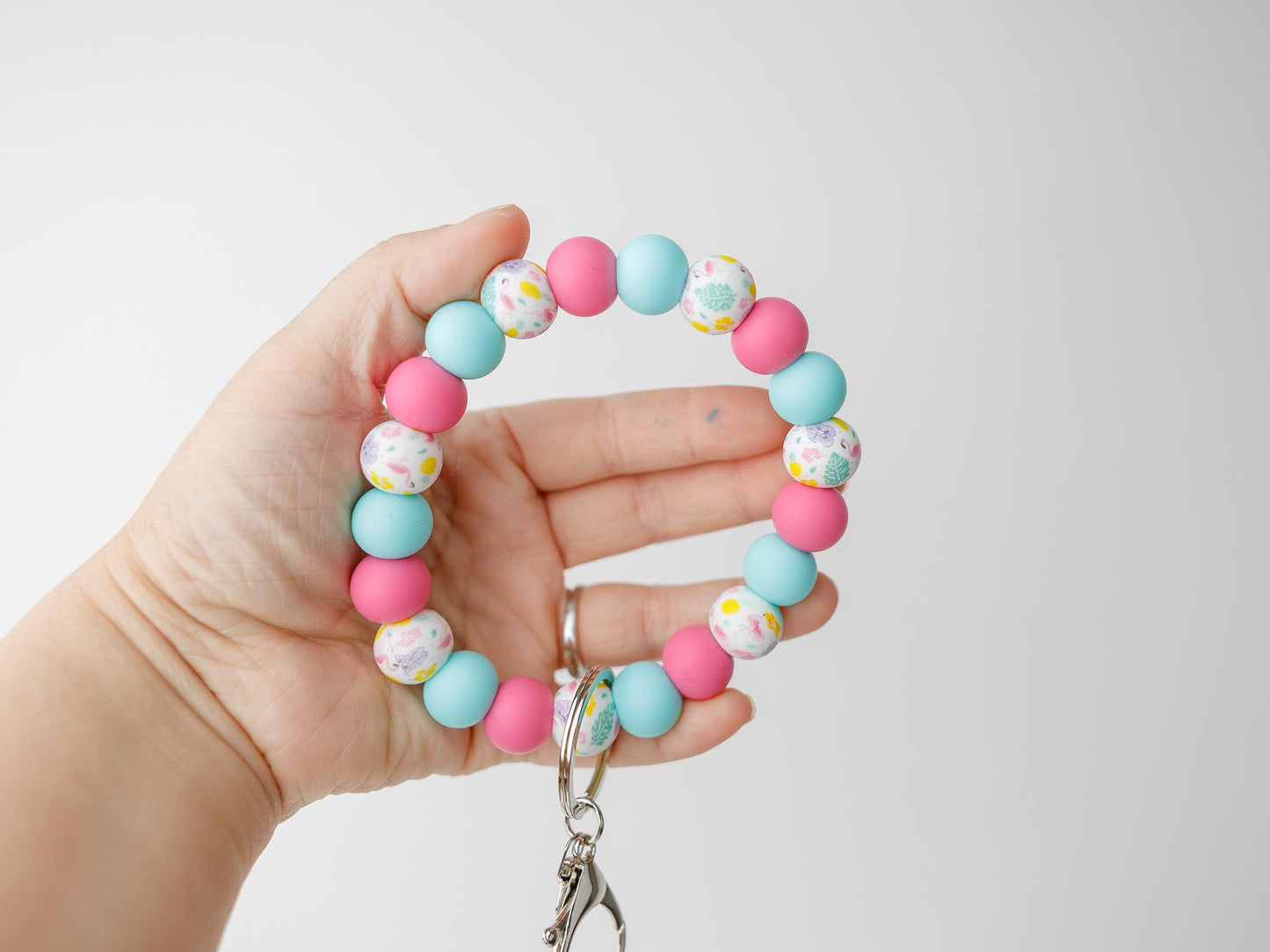 Flamingo beaded Wristlet keychain Gift for her Spring trendy wristlet