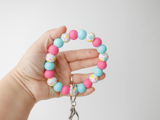 Flamingo beaded Wristlet keychain Gift for her Spring trendy wristlet