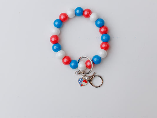 Patriotic Red Blue White Beaded Wristlet Keychain Gift for Her
