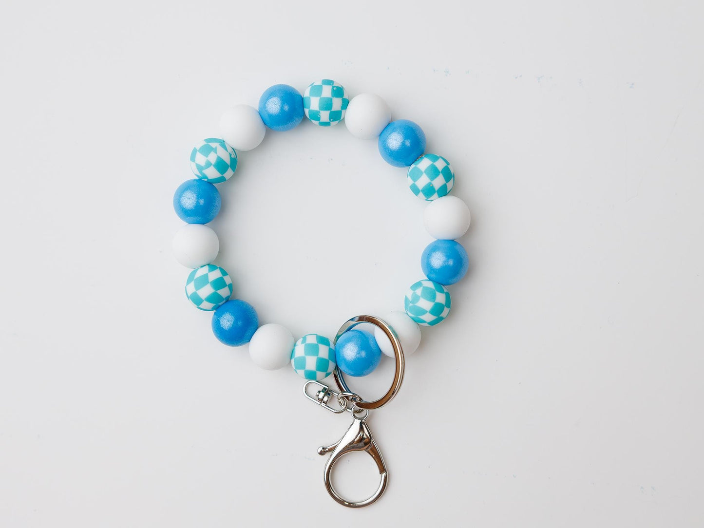 Blue checkered Beaded Wristlet Keychain