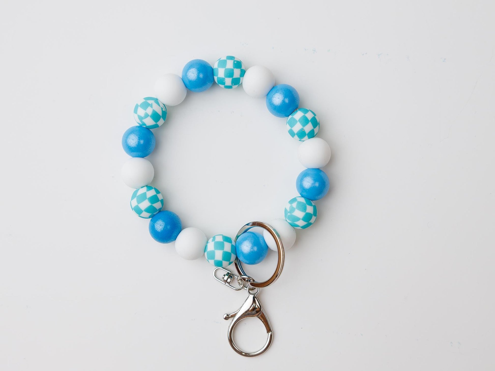 Blue checkered Beaded Wristlet Keychain