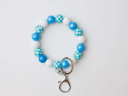Blue checkered Beaded Wristlet Keychain