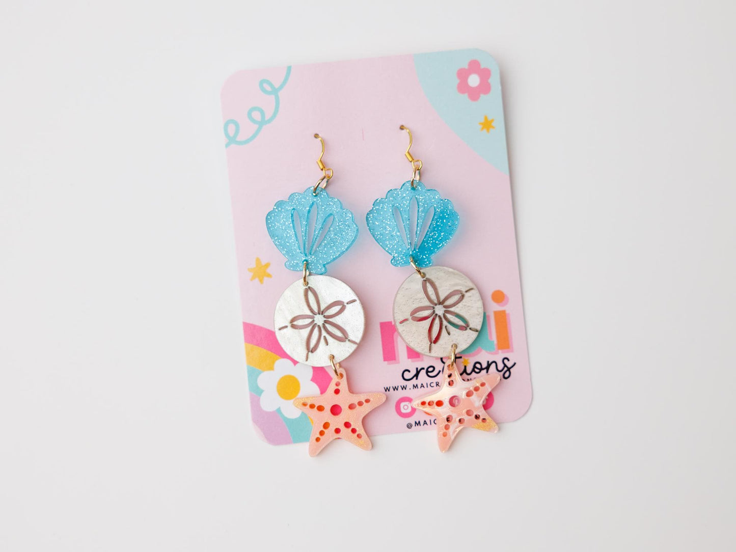 Tiered sand dollar starfish seashell Acrylic Earrings