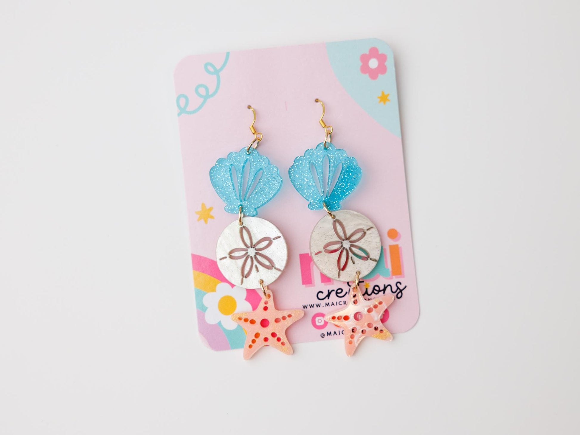 Tiered sand dollar starfish seashell Acrylic Earrings
