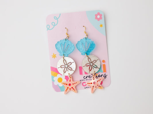 Tiered sand dollar starfish seashell Acrylic Earrings