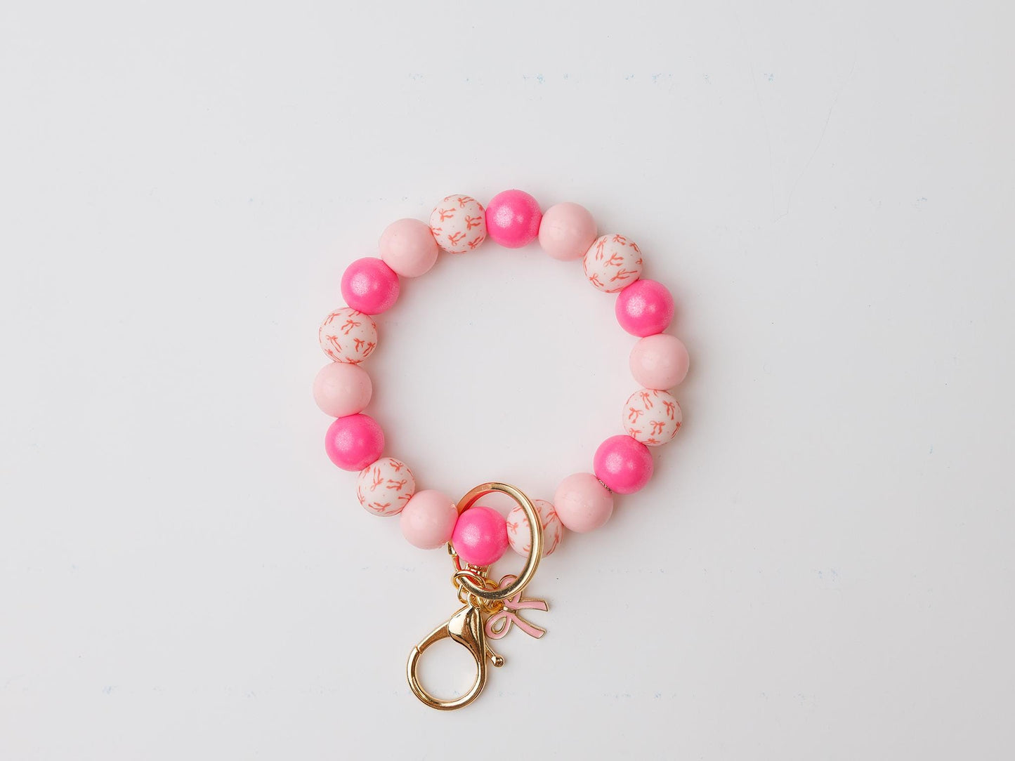 Pink coquette bow Beaded Wristlet Keychain with charm