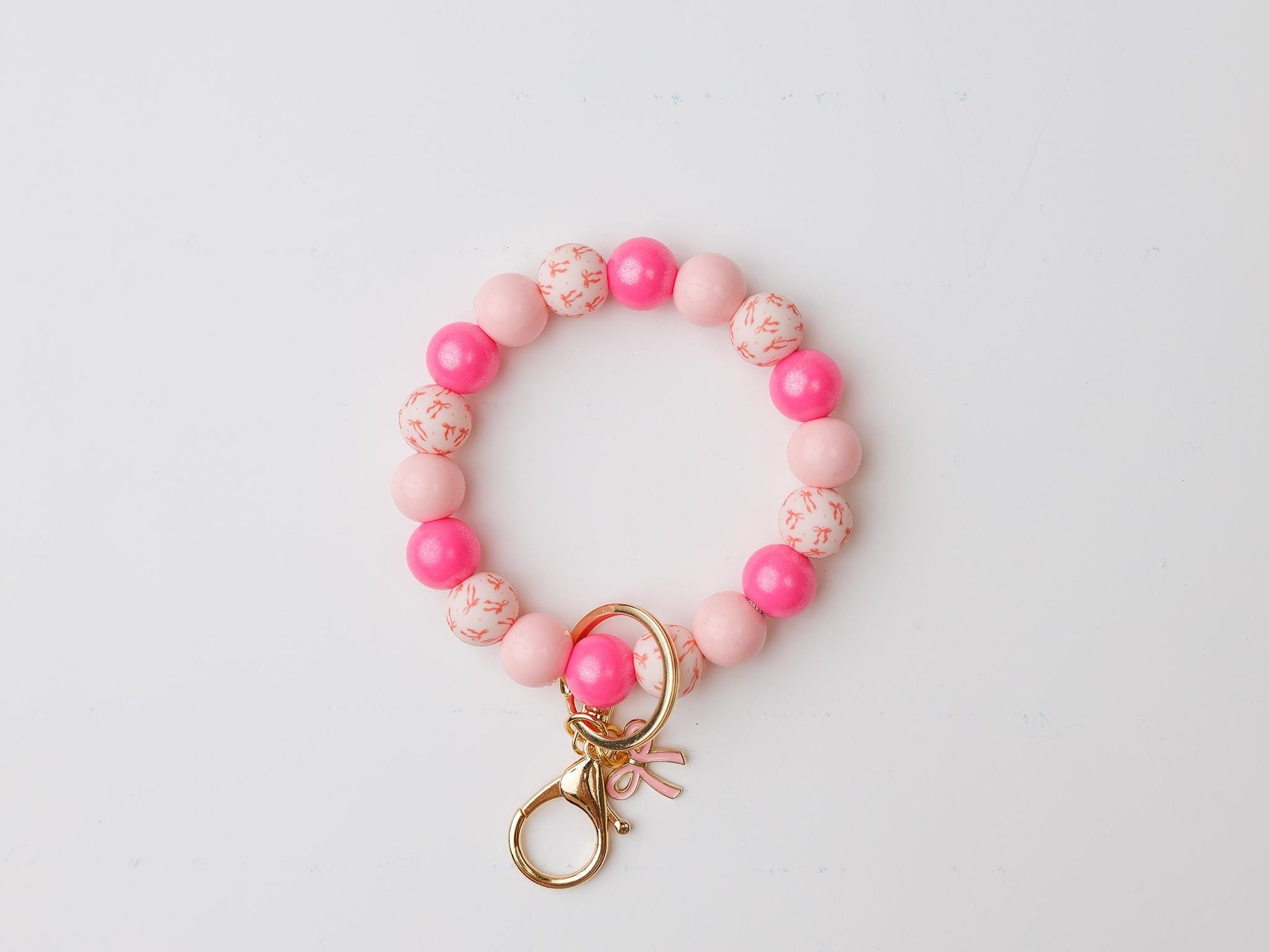 Pink coquette bow Beaded Wristlet Keychain with charm