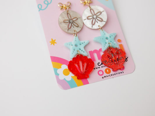 Tiered sand dollar starfish seashell Acrylic Earrings
