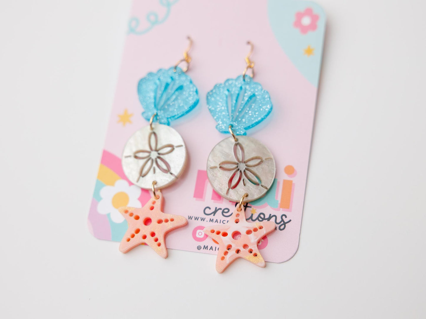 Tiered sand dollar starfish seashell Acrylic Earrings