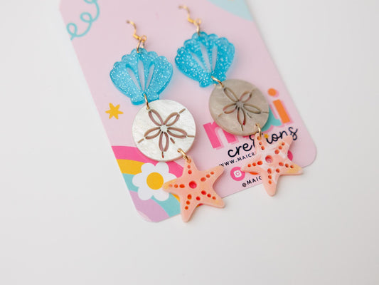 Tiered sand dollar starfish seashell Acrylic Earrings