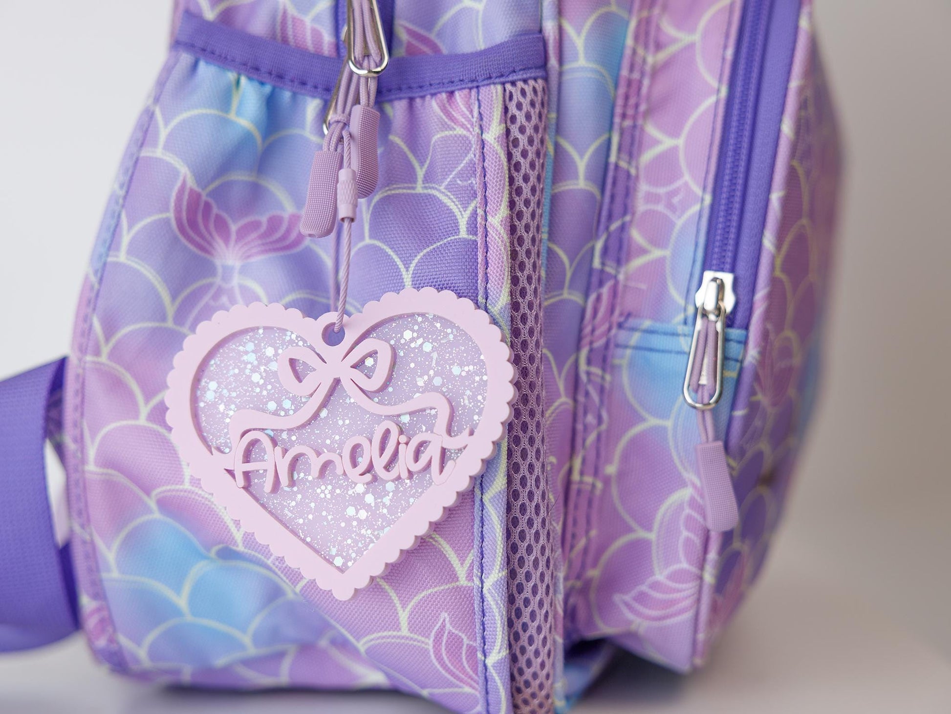 Scallop bow heart backpack name tag