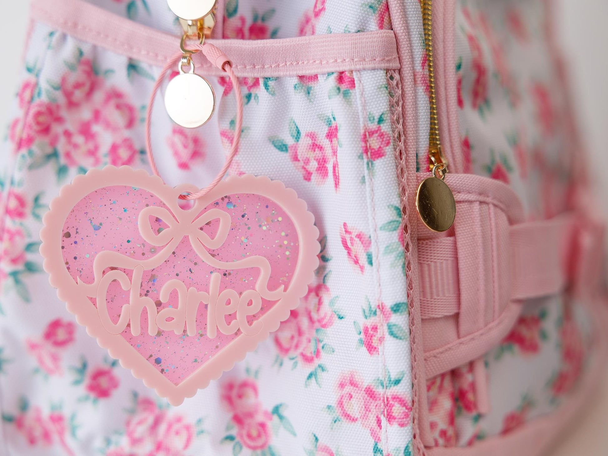 Scallop bow heart backpack name tag