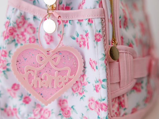 Scallop bow heart backpack name tag