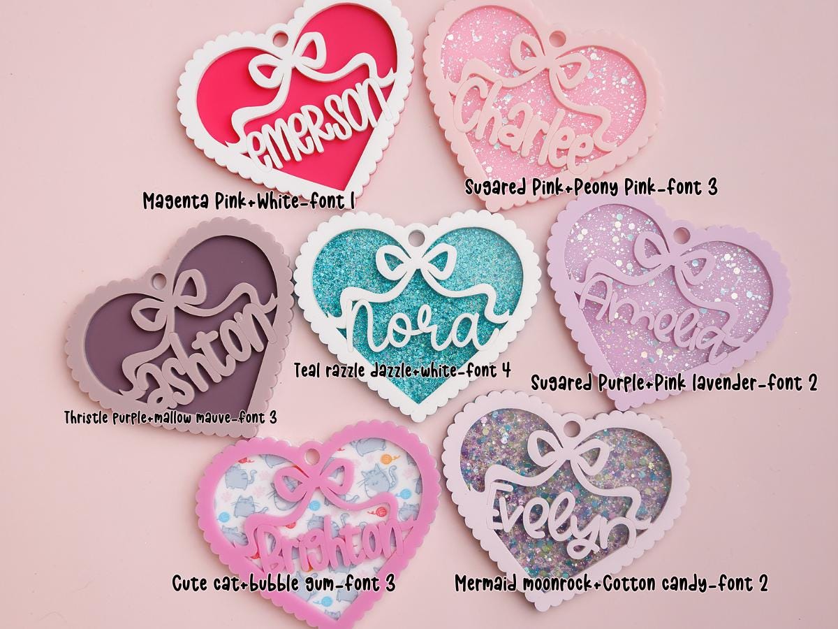 Scallop bow heart backpack name tag